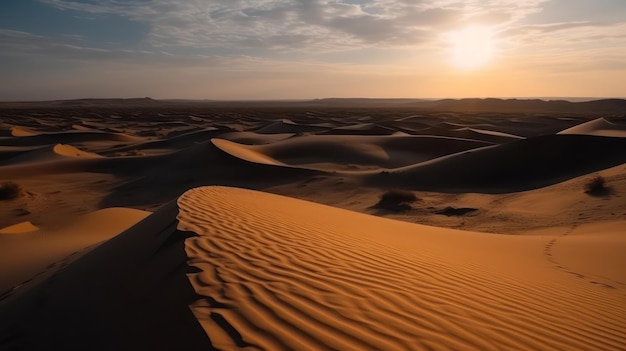 Un paysage désertique avec des dunes de sable et le soleil couchant en arrière-plan