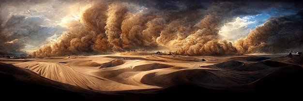 Paysage désertique fantastique, tempête de sable, sables, dunes. Paysage désertique vide, nuages dramatiques du ciel