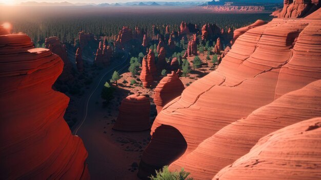 Photo un paysage désertique avec une formation rocheuse rouge et des montagnes en arrière-plan.
