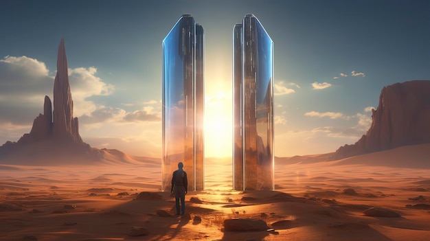 Photo un paysage désertique futuriste avec une porte ouverte menant à un royaume inconnu
