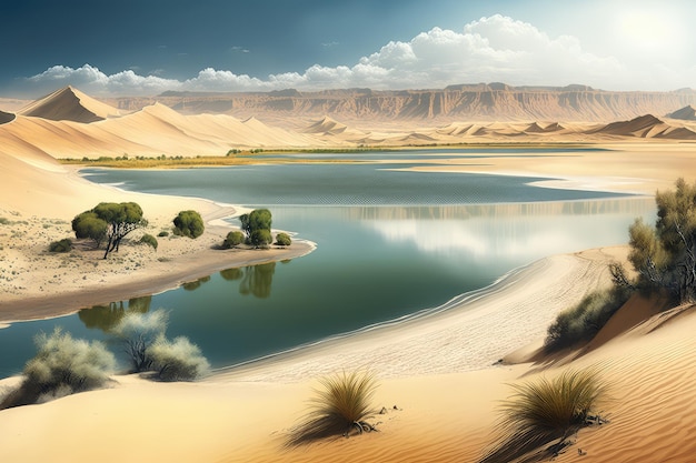 Paysage désertique avec haute dune et étendue de surface d'eau du lac dans le désert