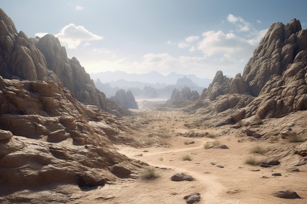 Un paysage désertique avec des montagnes en arrière-plan.
