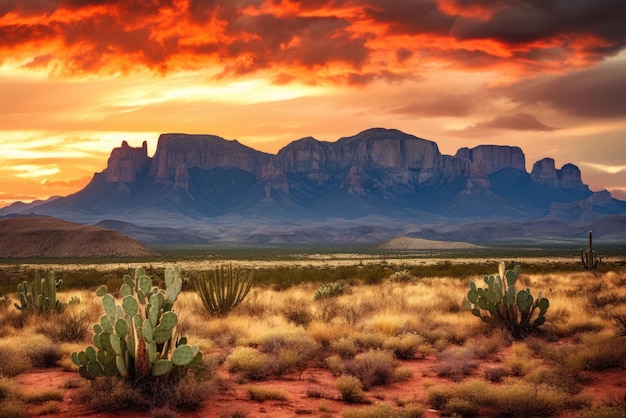 Paysage désertique de l'ouest sauvage du Texas avec coucher de soleil avec des montagnes et des cactus