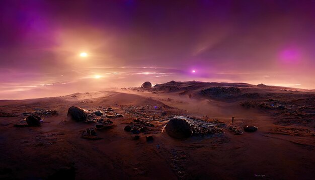 un paysage désertique avec une planète pourpre et une lumière pourpre en arrière-plan