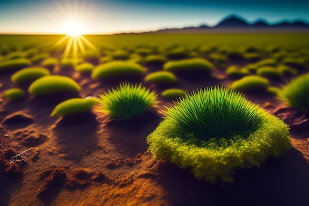 Un paysage désertique avec des pousses d'herbe verte.