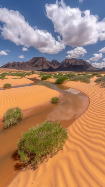 Un paysage désertique avec une rivière qui le traverse.