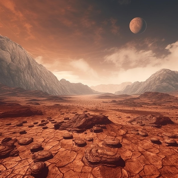 Un paysage désertique avec des rochers et une lune en arrière-plan.