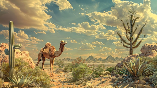 Paysage désertique serein avec un chameau sous un ciel nuageux
