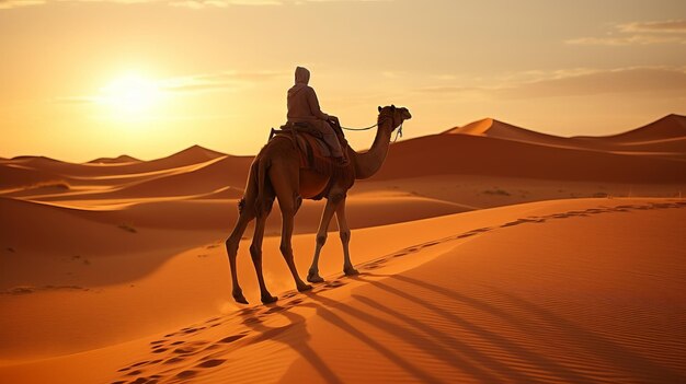 Photo un paysage désertique serein, de vastes dunes dorées et une randonnée en chameau solitaire à travers l'horizon