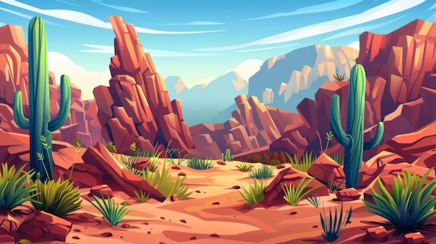 Un paysage désertique spectaculaire avec des cactus, des rochers rouges et des falaises. Illustration moderne d'un paysage sablonneux avec des canyons et des cactées sauvages sur un ciel ensoleillé.