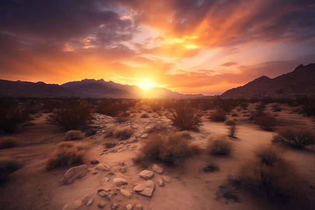 Paysage désertique avec vue sur le lever et le coucher du soleil entouré de ciel coloré