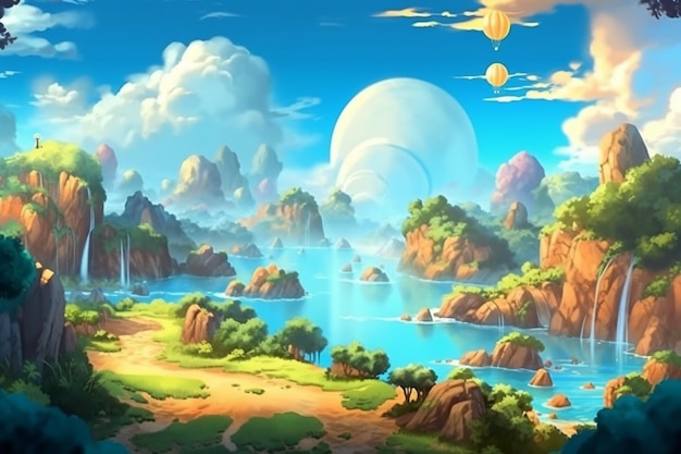 Paysage de dessin animé avec île de mer et illustration du ciel pour enfants