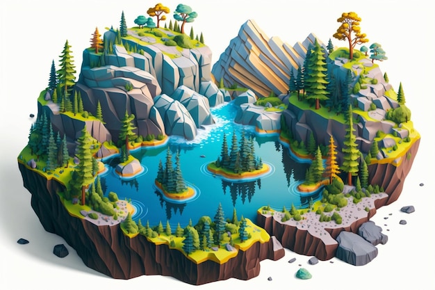 Un paysage de dessin animé avec un lac et des montagnes.