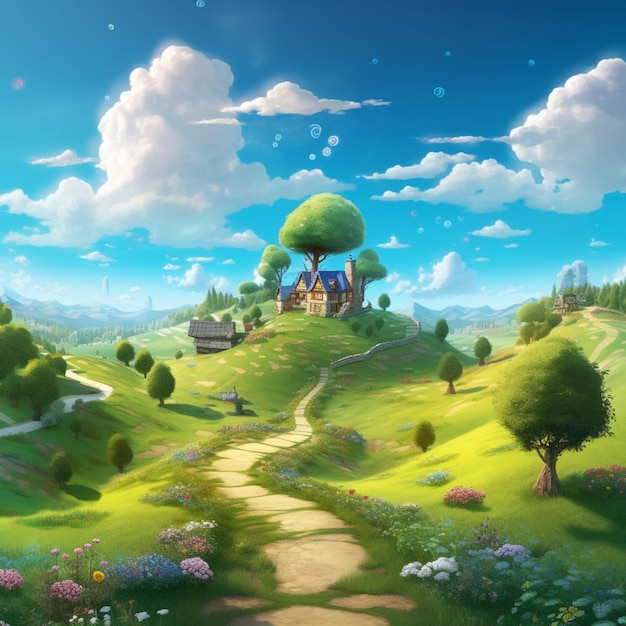 Paysage de dessin animé avec une maison et un chemin menant à une colline verte