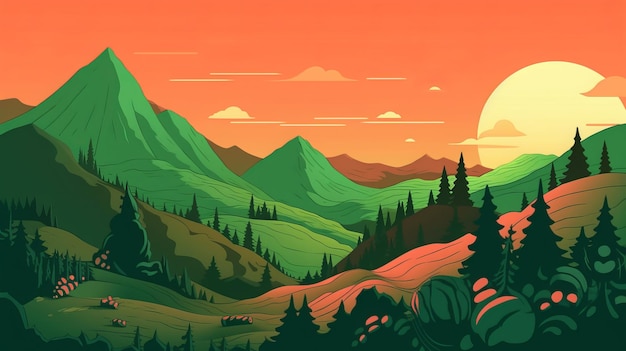 Un paysage de dessin animé avec une montagne et le soleil