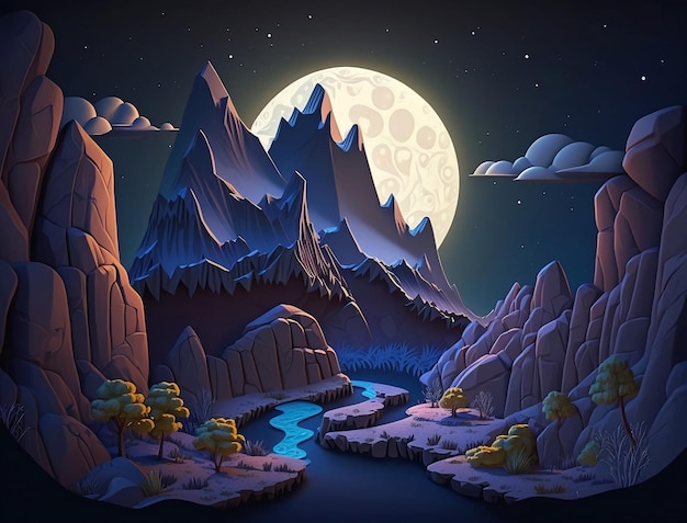 Un paysage de dessin animé avec des montagnes et une rivière.