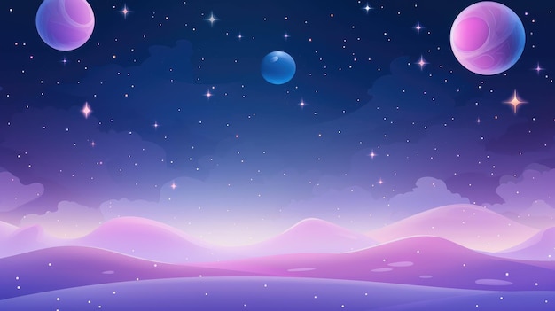 paysage de dessin animé sous un ciel étoilé avec une verdure luxuriante et des montagnes lointaines
