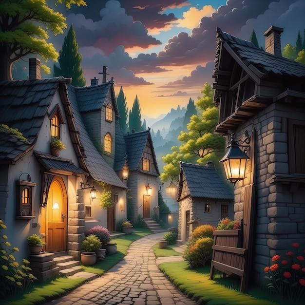 paysage de dessin animé avec de vieilles maisons en bois et des arbresbeau paysage avec une maison en bois dans le mou