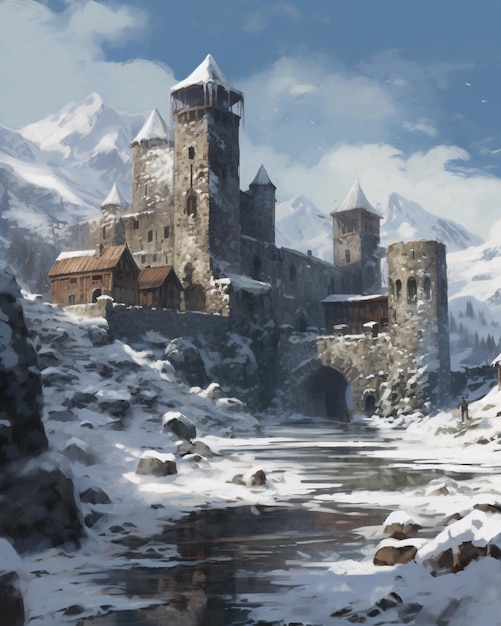 Paysage de dessin d'art médiéval dans un paysage de neige avec château et fantaisie
