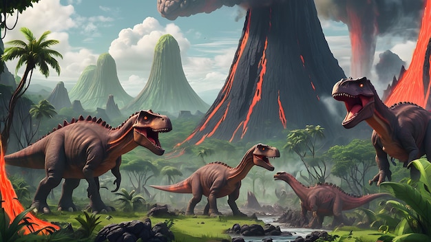 Un paysage avec des dinosaures imposants, une verdure luxuriante et une coulée de lave bouillonnante au loin.