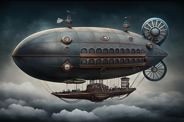 Paysage avec dirigeable dans le ciel avec nuages style steampunk Generative AI