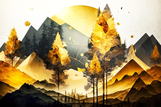 Paysage doré abstrait avec des montagnes d'arbres et une impression numérique de collage de forêt d'été créée avec