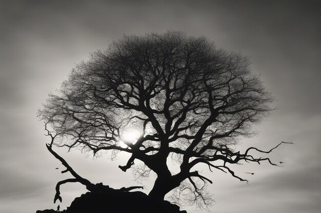 Un paysage dramatique d'arbres en noir et blanc