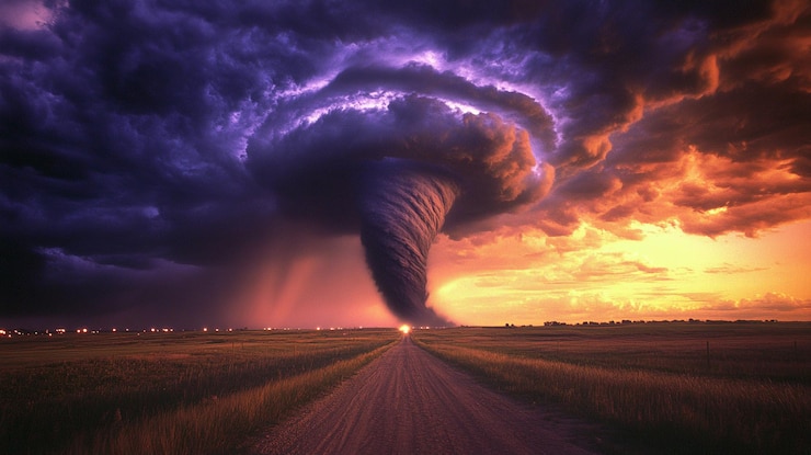 Photo le paysage dramatique du coucher de soleil de la tornade la nature puissante la route de la campagne la tempête les nuages la scène rurale