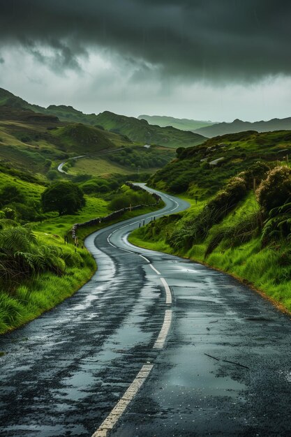 Un paysage dramatique généré par l'IA d'une route sinueuse serpentant à travers des collines vertes luxuriantes sous une tempête