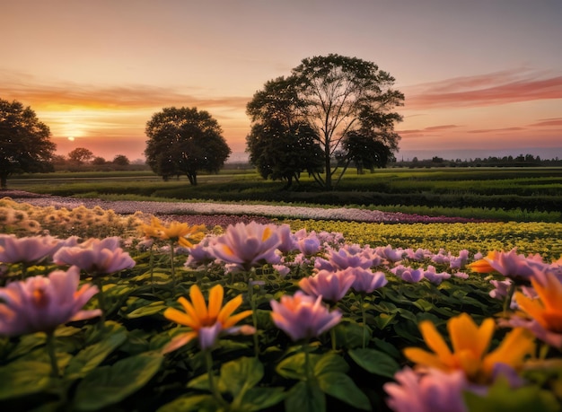 le paysage du champ de fleurs la photographie du coucher du soleil la beauté des fleurs