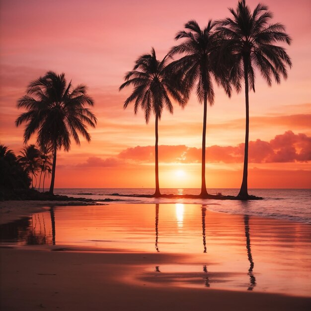 Paysage du coucher de soleil avec du papier peint de palmiers