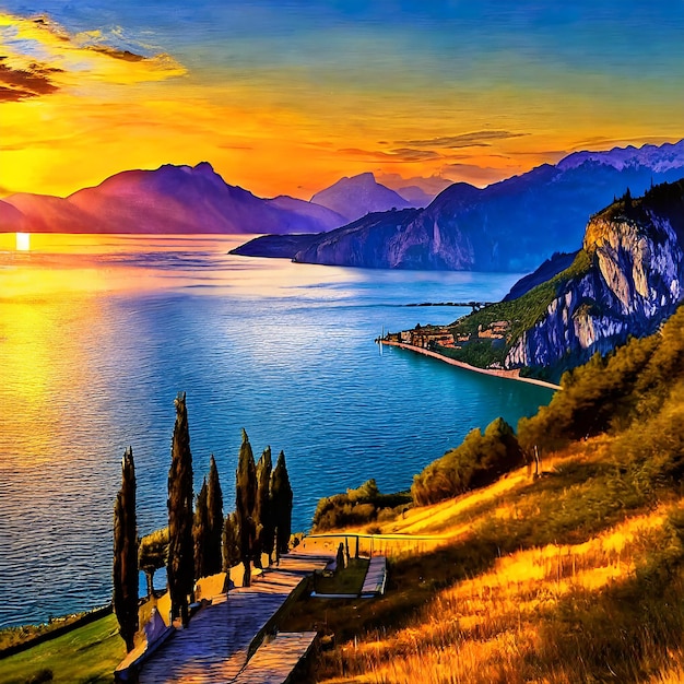 Le paysage du lac au coucher du soleil L'été et les couleurs chaudes