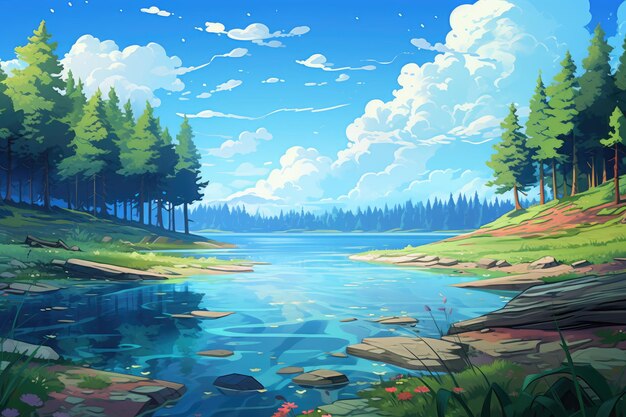 Photo paysage du lac forestier dans le style anime
