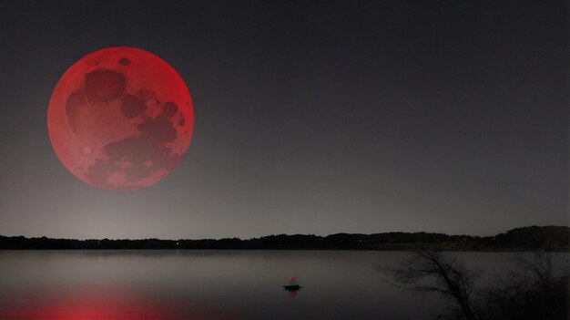 Paysage du lac avec une lune rouge