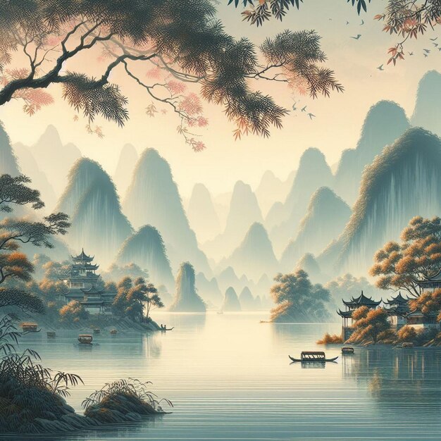 Photo le paysage du lac et de la montagne dans le style chinois est magnifique.