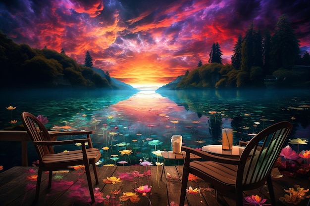 Le paysage du lever du soleil du lac de montagne papier peint de fantaisie paisible