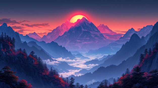 Le paysage du lever du soleil des montagnes enneigées de Meili à Deqin, en Chine, généré par l'IA