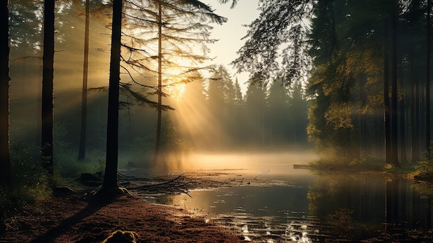 Le paysage du matin dans la forêt brumeuse d'automne les rayons du soleil à l'aube brillent à travers le brouillard dans une vue panoramique du parc d'Octobre