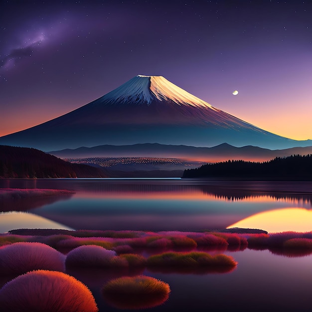 Paysage du Mont Fuji depuis le lac Kawaguchiko Mont Fuji dans une nuit mystérieuse avec une grande lune