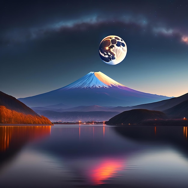 Paysage du Mont Fuji depuis le lac Kawaguchiko Mont Fuji dans une nuit mystérieuse avec une grande lune