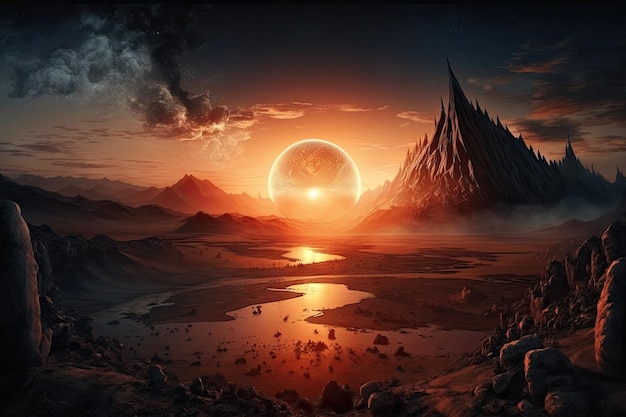 Paysage du Mordor avec coucher de soleil en arrière-plan créant une atmosphère chaleureuse et magique