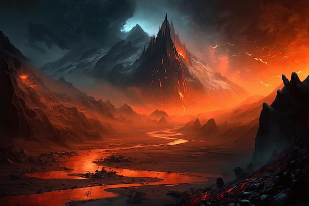 Paysage du Mordor avec des coulées de lave ardentes et des pics volcaniques