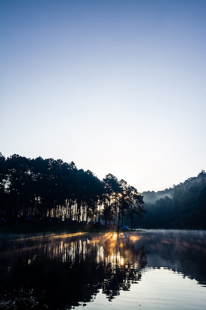 Le paysage du réservoir et le brouillard matinal