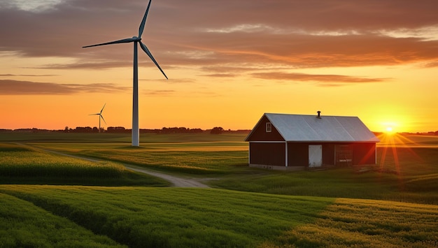 Paysage du soir avec une turbine éolienne moderne et une grange rouge sur fond de soleil couchant et de champs verts Le concept d'énergie renouvelable et d'agriculture durable