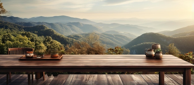 Photo paysage éclairé par le soleil avec une table à manger en bois.