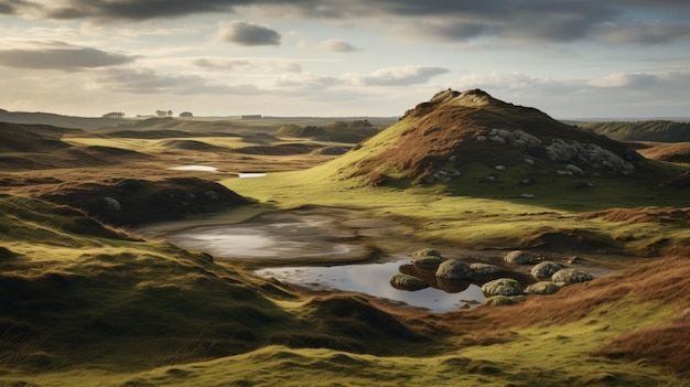 Le paysage écossais captivant, les ombres contrastantes et l'éclairage atmosphérique doux