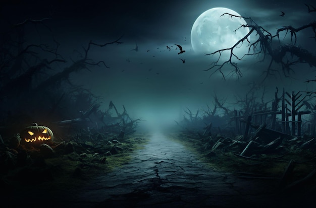 Photo paysage effrayant avec une citrouille et un cimetière dans la forêt mystérieuse de la nuit sur fond d'halloween