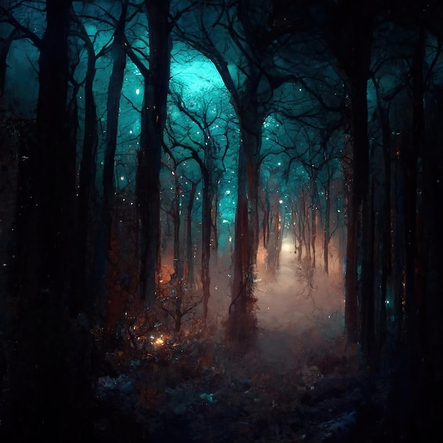 Paysage effrayant de forêt hantée réaliste la nuit Fantasy Halloween fond de forêt Art numérique