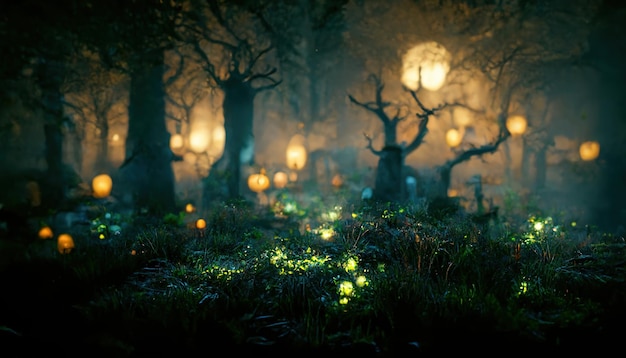 Paysage effrayant de forêt hantée réaliste la nuit Fantasy Halloween fond de forêt Art numérique