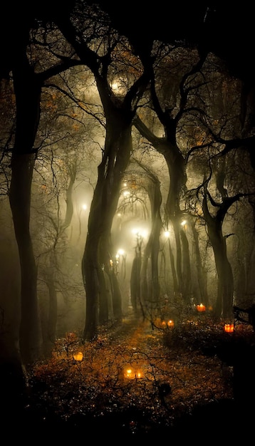 Paysage effrayant de forêt hantée réaliste la nuit. Fond de forêt d'Halloween fantastique. Illustration 3D